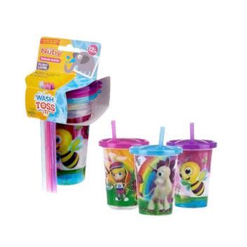 Kit 3 Copos Decorado Infantil 300ml Nuby Tampa E Canudo Escolar