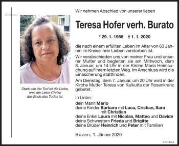 Traueranzeigen Von Teresa Burato Trauer Bz