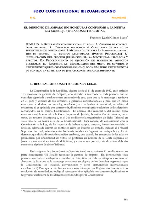 El Derecho De Amparo En Honduras Conforme A La Nueva Ley Sobre