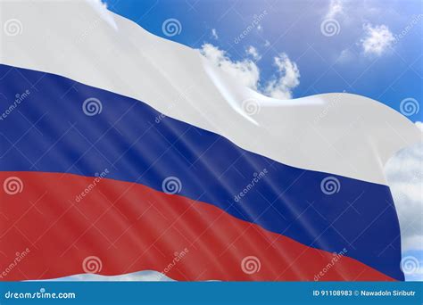 D Rendering Of Russia Flag Waving On Blue Sky Background Stock