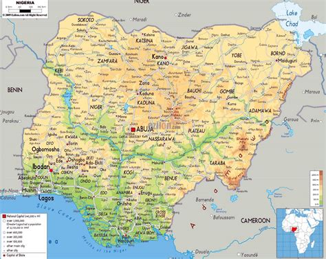 Large physical map of Nigeria with roads, cities and airports | Nigeria ...