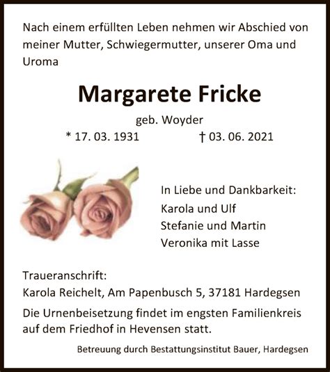 Traueranzeigen Von Margarete Fricke Trauer Hna De