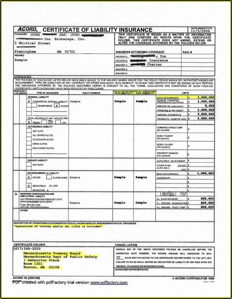 Certificate Of Liability Insurance Form Fillable Form Resume