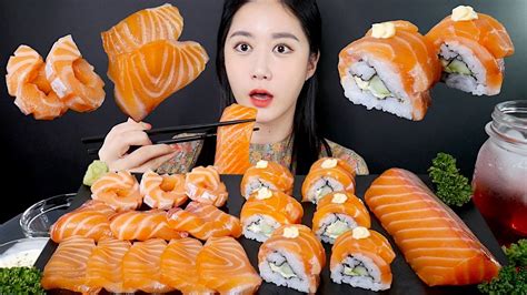 연어 먹방🧡부드럽고 고소한 통연어 연어초밥 Raw Salmon Real Sound Mukbang Asmr