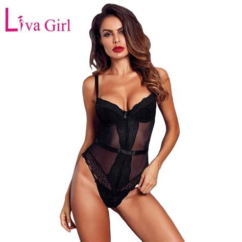 Liva Girl Black Sheer Floral Lace Bodysuit Women Sexy Sleeveless Hollow