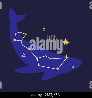 Cetus The Whale Constellation Vector Illustration With The Names Of