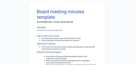 Free board meeting minutes template