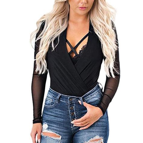 Sexy Black Mesh Deep V Bodysuit Plus Size Sheer Skinny Long Sleeve