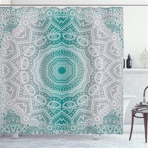 Tranquility In The Bathroom Grey And Teal Mandala Ombre Shower Curtain