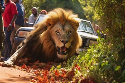 Premium Ai Image Tourists In A Safari Jeep Shooting One Male Lion