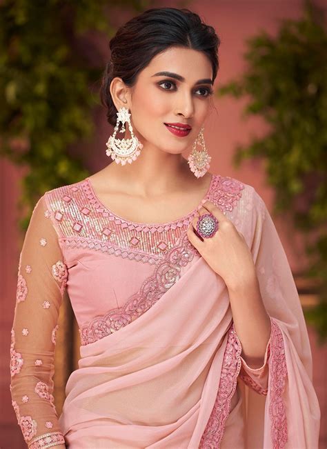 Buy Pink Georgette Lace Designer Saree Online 240063