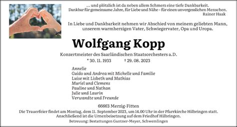 Traueranzeigen Von Wolfgang Kopp Saarbruecker Zeitung Trauer De