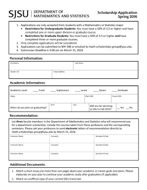 Fillable Online Sjsu Scholarship Bapplicationb Spring B B Fax Email