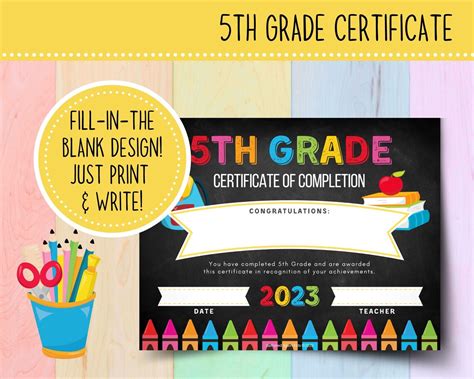 Printable 5th Grade Graduation Certificate 2023 Chalkboard Graduation