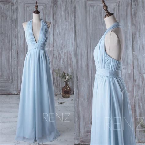 2016 Light Blue Bridesmaid Dress Long V Neck Halter Wedding Dress