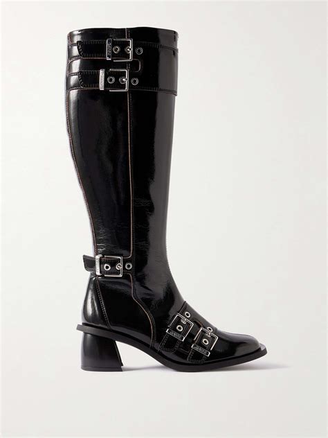 Ganni Feminine Buckled Faux Patent Leather Knee Boots Net A Porter