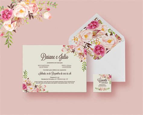 Convite Casamento Envelope Floral Rosa Arte Digital Elo