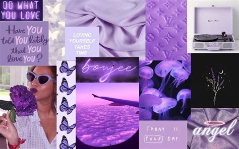 the collage is filled with purple and white images, including flowers ...