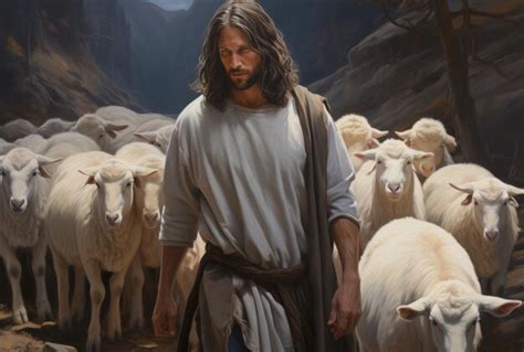 Jesus Christ Is A Shepherd Peaceful In A Meadow With A Flock Of Sheep