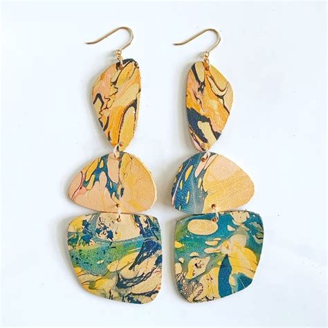 The Pacific Marigold Marbled Leather Statement Earrings Handpainted