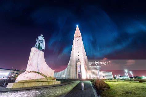 Aurora Borealis Display Over Famous Hallgrimskirkja Church Reykjavik