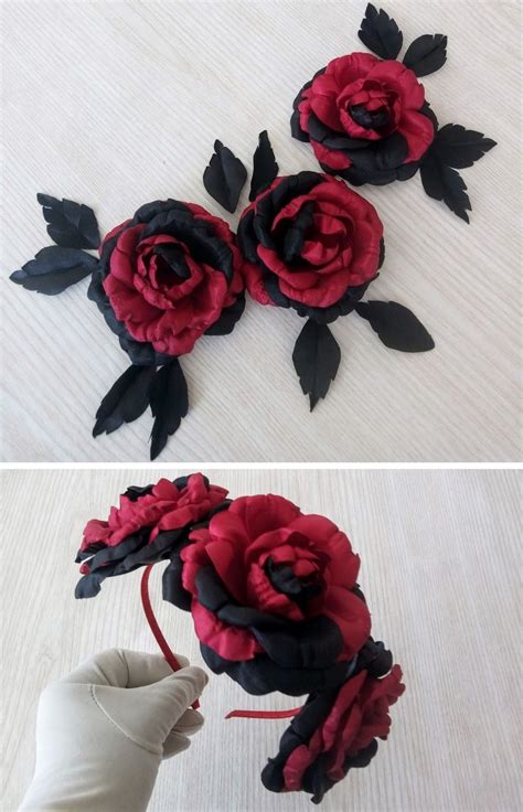 Black Red Roses Halloween Flowers Ribbon Roses Diy Set Etsy Black And Red Roses Ribbon