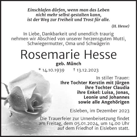 Traueranzeigen Von Rosemarie Hesse Abschied Nehmen De