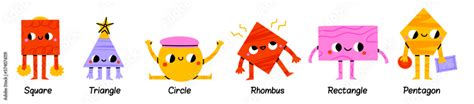 Geometric shape characters. Lets learn basic shapes, educational figure mascots for childrens ...