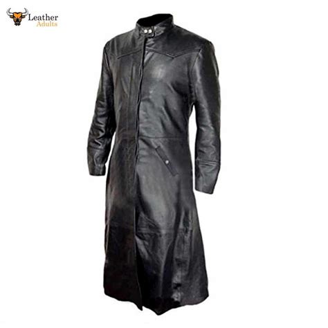 Mens Black Cowhide Leather Long Matrix Trench Coat Goth Steampunk Van Leather Adults