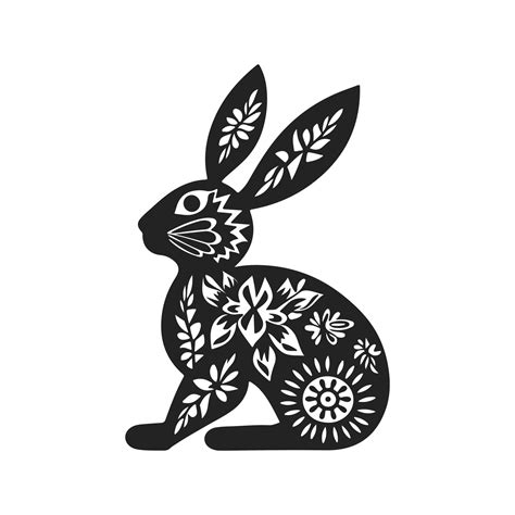 Easter Bunny Silhouette With Floral Ornament Black And White Vector