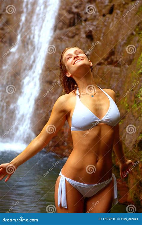 Beautiful Woman In Front Of Waterfall Stock Photo Image Of Breasts