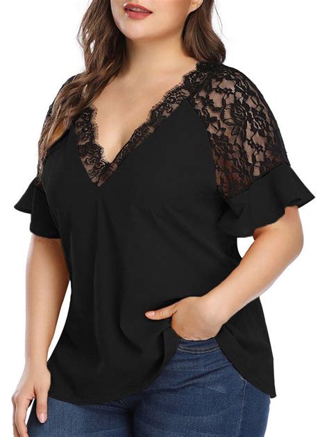 Plus Size Lace Insert Plunging Neck Blouse [31 Off] Rosegal