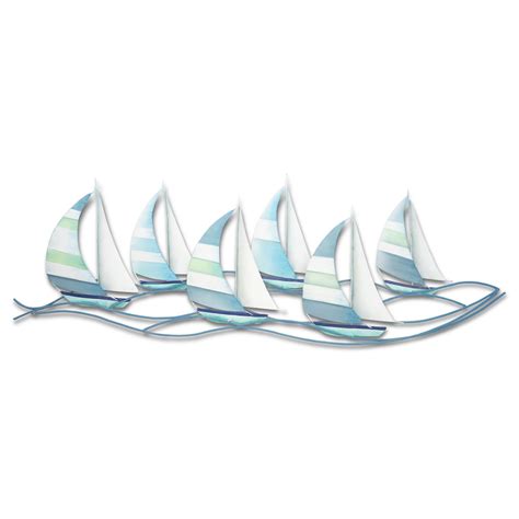 Fancy Regatta Blue And Green Indoor Outdoor Sailboat Metal Wall Sculpture