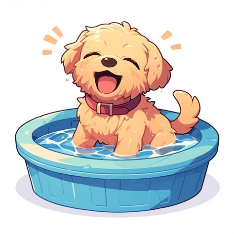 Goldendoodle salpicando en una piscina para niños Vector Premium