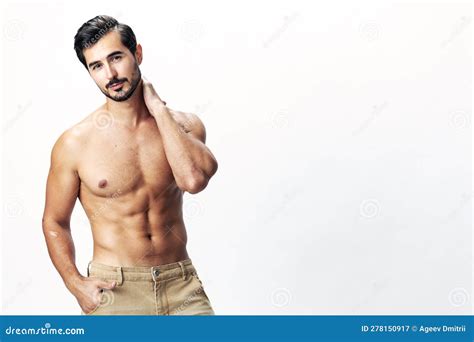 Male Athlete Model With Naked Torso And Packs Of Abs Sporty On White