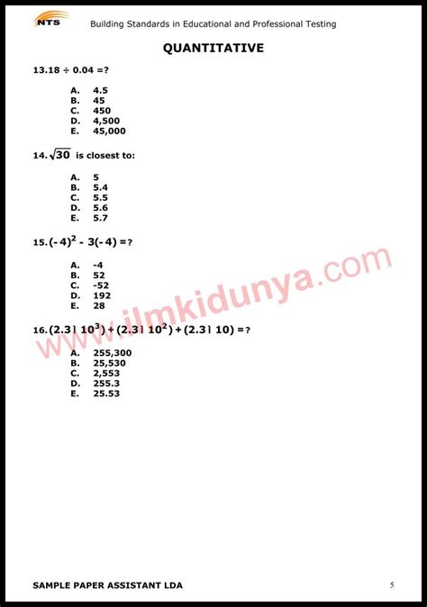 NTS Sample Past Papers Lahore Development Authority Assistant Quantitative