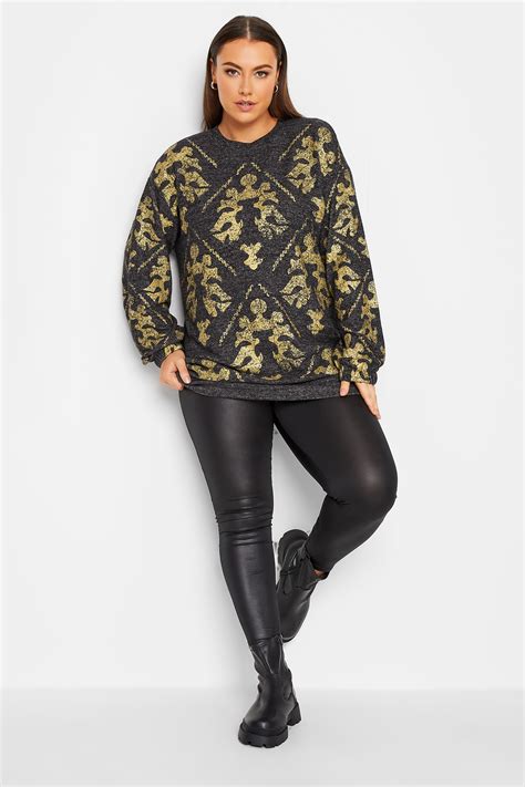 Yours Luxury Plus Size Curve Charcoal Grey And Gold Filigree Print Soft