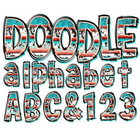 Turquoise Cow Serape Alphabet Uppercase Lowercase And Numbers Doodle