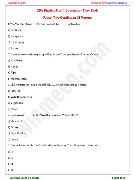 Fillable Online Two Gentlemen Of Verona Question And Answer Scoring