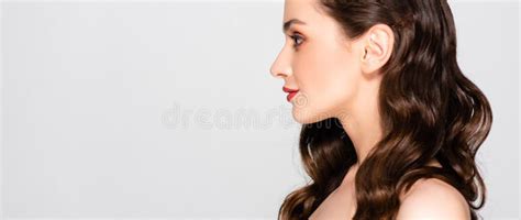 Naked Beautiful Brunette Woman With Curls And Makeup On Grey Panoramic Shot Stock Image Image