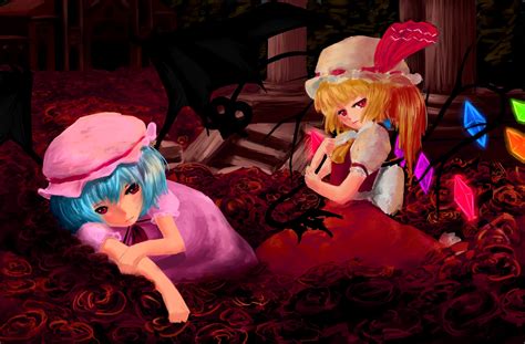 Blonde Hair Blue Hair Flandre Scarlet Flowers Hat Red Eyes Remilia Scarlet Rose Touhou Vampire