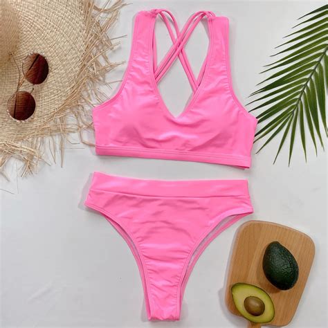2022 Sexy Pink Bikini Women High Waist Cross Double Straps Swimwear Swimsuit Female Bikinis Set