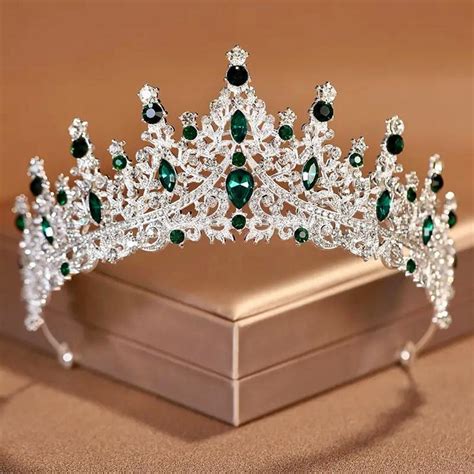 Emerald Green Tiara Crown Luxury Bridal Headpiece Diadem Silver