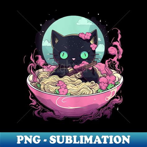 Kawaii Anime Pastel Goth Cat Eating Japanese Ramen Noodles Inspire