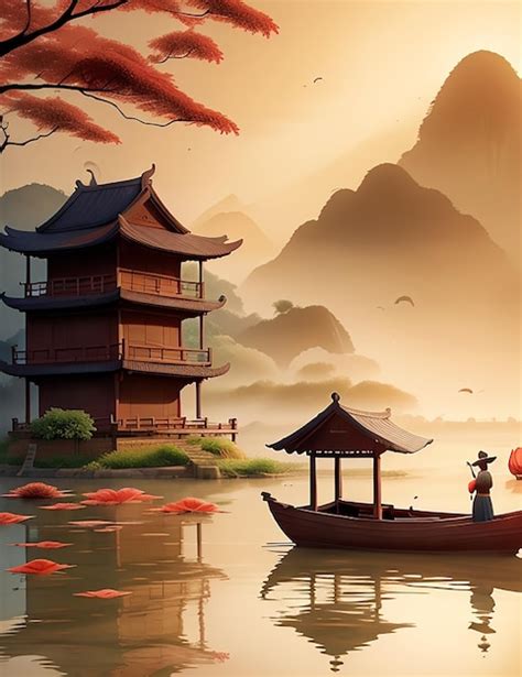 Premium AI Image | Muted chinese painting of a house and boat with ...