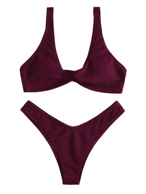 Low Rise Textured Twist Bikini Set LIGHT SKY BLUE RED WINE WHITE