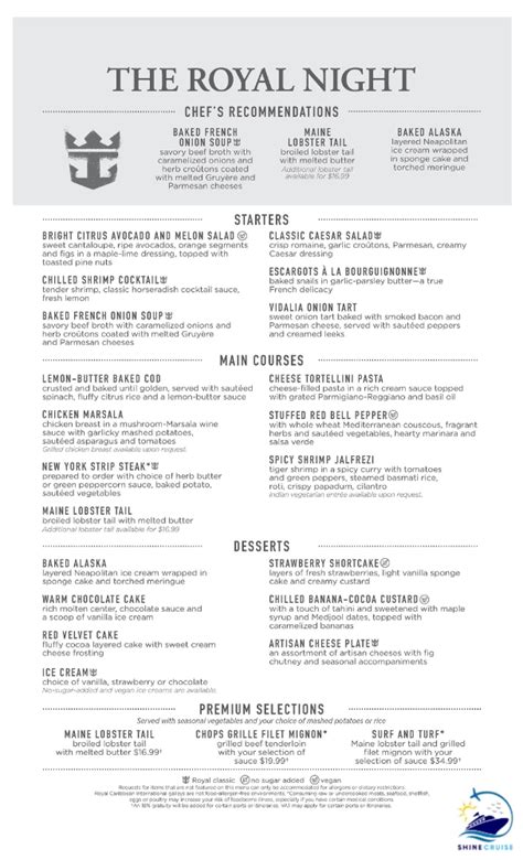 Royal Caribbean Main Dining Room Menu For All Ships