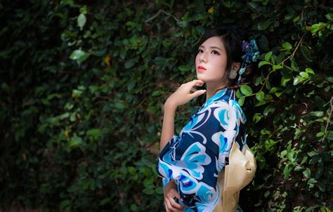 Wallpaper branches brunette kimono Asian for mobile and desktop section девушки resolution
