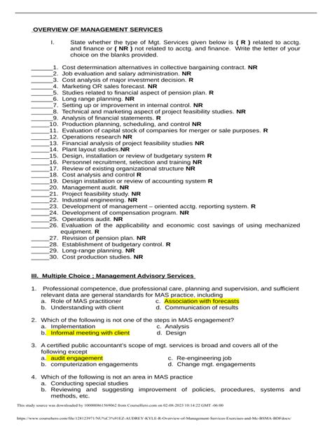 NU EZ AUDREY KYLE R Overview Of Management Services Exercises And Mc