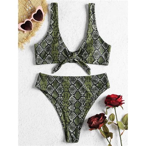 ZAFUL Tied High Rise Snakeskin Bikini Set Plunging Neck High Waisted